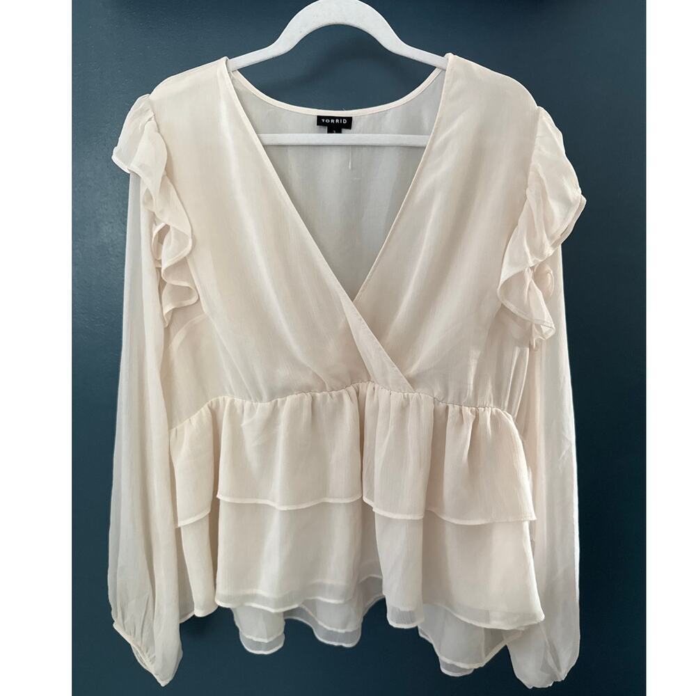 Torrid Chiffon Ruffled Surplice Crop Top Ivory 3X Long Sheer Blouson‎ Sleeves
